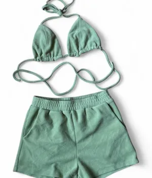 Fuzzy Bikini Shorts Set Chartreuse Sage Green Small Women's Night Wear Summer thumbnail 1