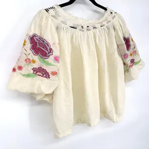 Free People Bohemia Embroidered Peasant Top XS Cream Boho Puff Sleeve thumbnail 8