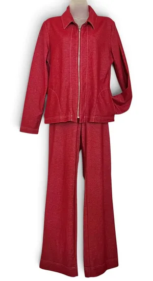 Vintage Weekenders Red Denim Knit Track Suit Set: Zipper Jacket & Leisure Pants thumbnail 1