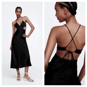 Zara Black Satin Cut Out Slip Maxi Dress Small Tie Back Cocktail Formal Wedding thumbnail 3