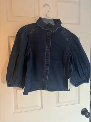 Oat New York Dark Blue Denim Puff-Sleeve Jacket, Size-Small thumbnail 12
