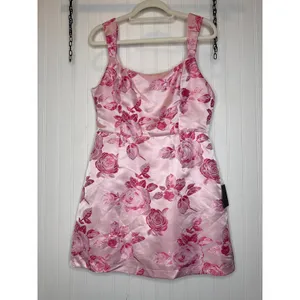 NWT Lulus Brighter Side Pink Floral Satin Jacquard Mini Dress Party Resort Sz L thumbnail 2