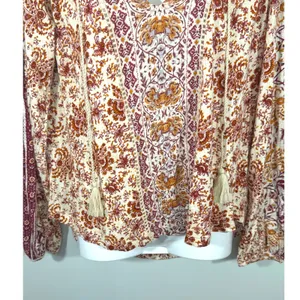 Lucky Brand Womens Boho Floral Paisley Peasant Top Tassel Studded Orange Small‎ thumbnail 3
