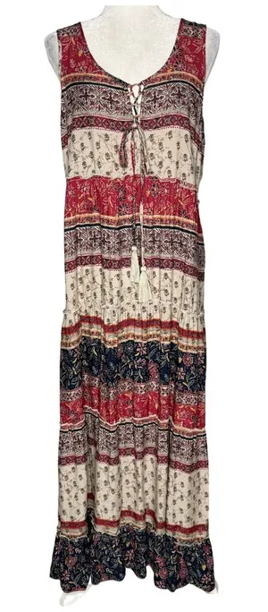 Beach Lunch Lounge Maxi Dress M Tiered Rust Tan Batik Sleeveless Hippie Boho thumbnail 1