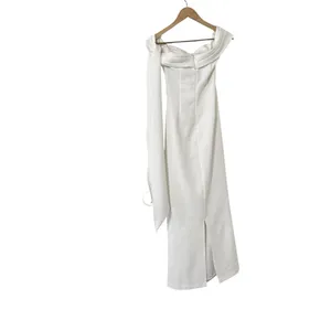 BABYBOO Addie Off Shoulder Ruched Ivory Crepe Maxi Dress thumbnail 6