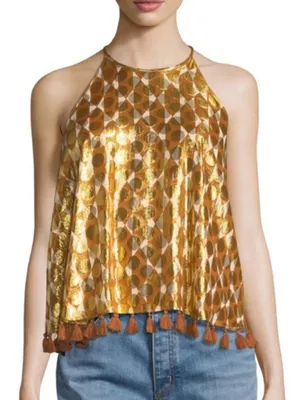 Tory Burch Danielle Gold Diamond Metalic Halter Tassel Camisole silk blend size thumbnail 1