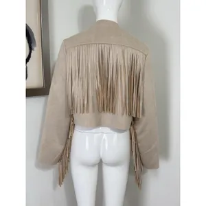 Women’s Boho Western Fringe Faux Suede Jacket Beige Festival Cowgirl Size L thumbnail 8