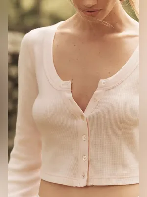 By Anthropologie Light Pink Long-Sleeve Waffle‎ Button-Front Crop Top Size XS thumbnail 3
