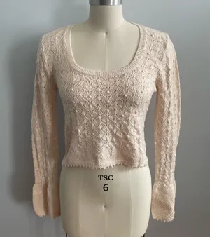 Lost + Wander Serena Pointelle Knit Square Neck Top- Ecru- Size XS/Small- Sample thumbnail 4