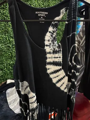 Southern Spirit Black and White Tie-Dye Fringe Tank Top thumbnail 1