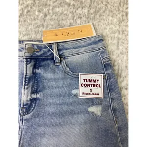 Risen Jeans Tummy Control Distressed High Rise Midi Denim Shorts Light Wash M thumbnail 2