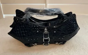 Patent Croc-Embossed Black Shoulder Bag with Silver Hardware thumbnail 1