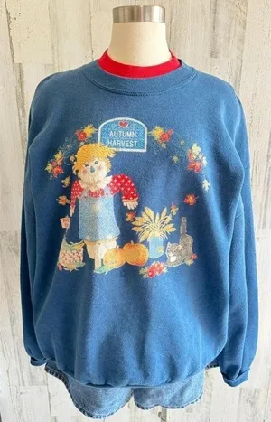 Vintage fall scarecrow sweatshirt made in‎ USA 2X fall pumpkins cat see photos thumbnail 1