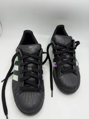 adidas Black Superstar Sneakers with Iridescent Stripes Size 7.5 thumbnail 3
