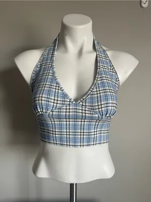 ALTAR'D STATE | Blue Plaid Halter Crop Top Sz M thumbnail 1