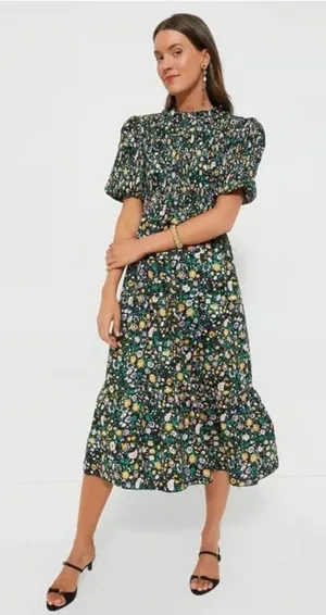 NWT Tuckernuck Hyacinth House Samantha in Black Floral Cotton Smocked Dress L thumbnail 1
