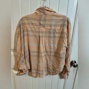 Free People Cotton Cropped Plaid Coral Light Pink Peach Button Down thumbnail 5