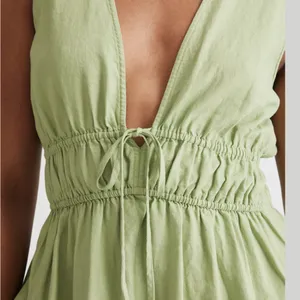 NWT MADEWELL Linen Sophia Deep V Mini Seedling Green Dress Medium thumbnail 3
