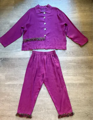 VTG T. Elliot 100% Linen Shirt And Pants Set Size S Colorful Fringe Art To Wear thumbnail 1