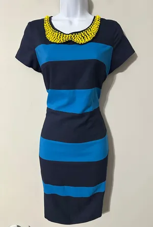 M60 Miss Sixty Striped Sheath Dress Yellow‎ Beaded Peter Pan Collar Size 4 thumbnail 1