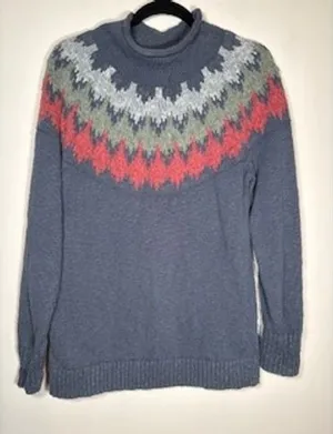 L.L. Bean Fair Isle Sweater Large Blue Cotton Mock‎ Neck Nordic Cottagecore thumbnail 1