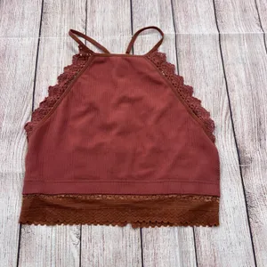 Fornia Rust Ribbed High Neck Lace Trim Cage Back Bralette Crop Top S/M thumbnail 2