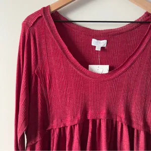 True Craft Red Babydoll Top Long Sleeve round neck cotton blend solid ribbed NWT thumbnail 5