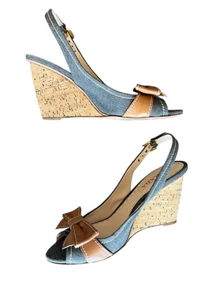 Prada Women’s Peep Toe Denim Cork Leather Bow Wedge Y2K Vintage Heels 38.5 thumbnail 8