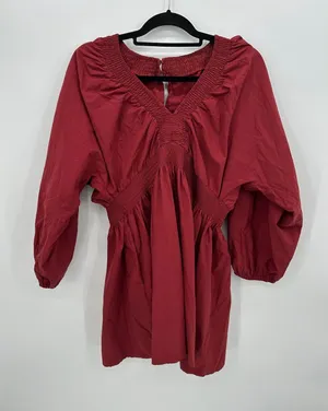 Cottagecore Red Smocked V-Neck Balloon Sleeve 100%‎ Cotton Mini Dress Sz L Boho thumbnail 1