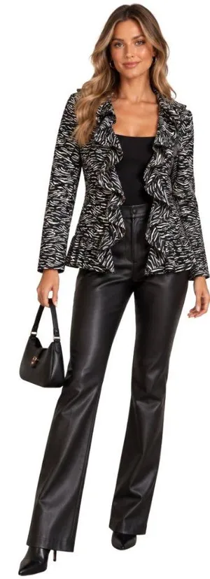 Sandro Studio Zebra Print Ruffle Jacket Women's Small Black White Designer Fun thumbnail 1