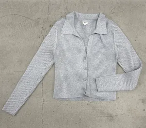Aerie Gray Ribbed Button-Up Sweater thumbnail 1