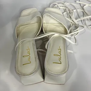 Lulus‎ fiyaa white lace up chunky heels women's size 11 dressy wedding black tie thumbnail 6