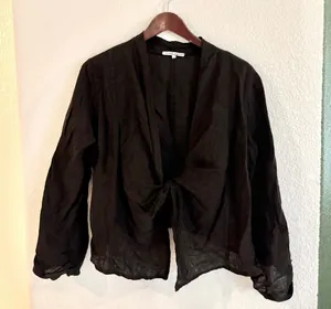 Tempo Paris Womens Top Cover Up Black 100% Linem Tie Front Size Large thumbnail 1