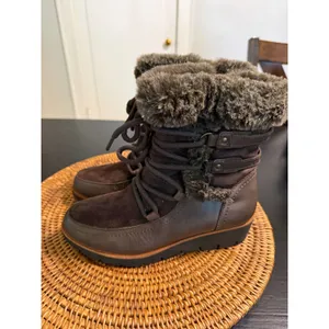 Earth Zurich Basel Brown Leather Faux Fur Trim Lace Up Ankle Boots Java Multi 7M thumbnail 6