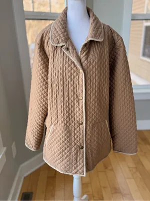 CHAPS Khaki Taupe Ivory Trim Quilted Lightweight Jacket Size Large thumbnail 10