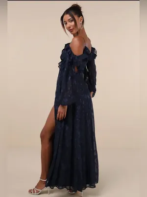 Lulus Pleasant Aura Navy Blue Floral Burnout Cold-shoulder Maxi Dress - Size S thumbnail 2