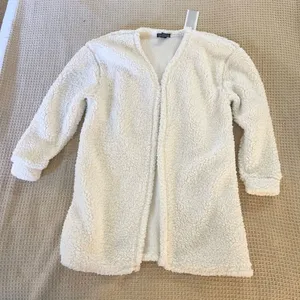 White Plush fur teddy comfy warm Lounge top pants cardigan loungewear set thumbnail 5