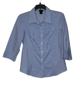Ann Taylor Button Up Shirt Size‎ 0 Blue White Striped 3/4 Sleeve Stretch Blend thumbnail 1