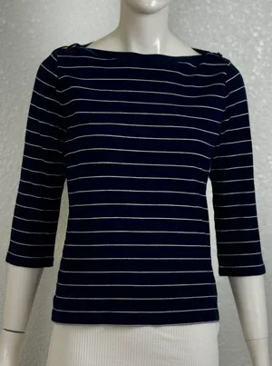 Ralph Lauren Vintage 100% Cotton Navy White Striped Long Sleeve Top Sz Medium thumbnail 1