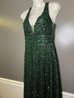 FAERIESTY Dress Womens Medium Green Sequin V-Neck Fit & Flare Maxi Formal Gown thumbnail 7
