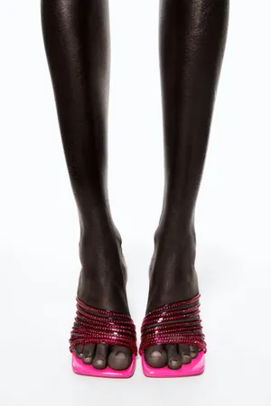 ZARA Hot Pink Rhinestone Embellished Vinyl Sequin Strappy Open Square Toe High Heels Sandals Mules thumbnail 12