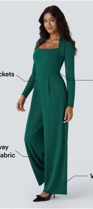 HALARA Emerald Green Wide-Leg Jumpsuit with Square Neck thumbnail 1