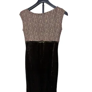 Opera Vintage Brown Velvet Gold Lace Maxi‎ Dress Sleeveless Side Slit Small thumbnail 2
