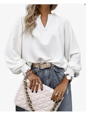 NEW White Long Sleeve Plisse V Neck Career Blouse Shirt L thumbnail 1