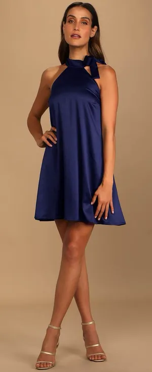 Lulus Headed Out Tonight Navy Blue Satin Halter Swing Dress Size Medium NWT thumbnail 1