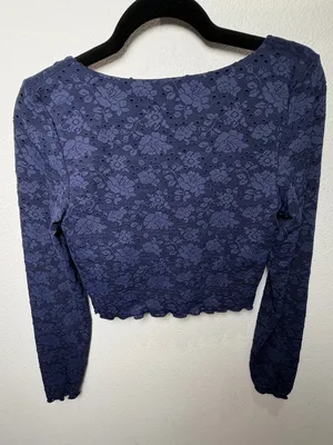 OFFLINE by Aerie Treat Yourself Navy Floral Eyelet Lace Crop Long Sleeve Top M thumbnail 11