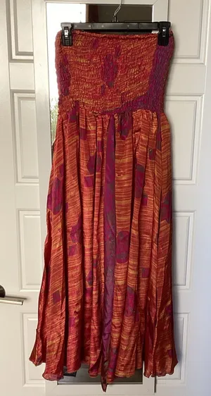 Wevez Boho Strapless smocked Wide Leg Jumpsuit in Red and Pink thumbnail 1