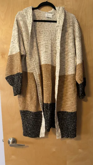 Lush Clothing Colorblock Open-Front Cardigan in Cream, Tan & Black thumbnail 2
