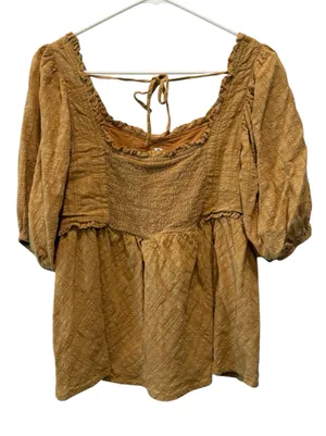 Mustard Peplum Crop Peasant Blouse with Puff Sleeves thumbnail 7
