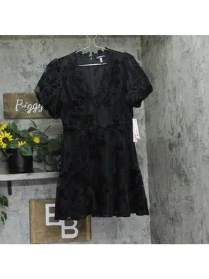 NWT Aqua Womens Lace Puff Sleeve Mini Dress IDM12303 Black M thumbnail 2